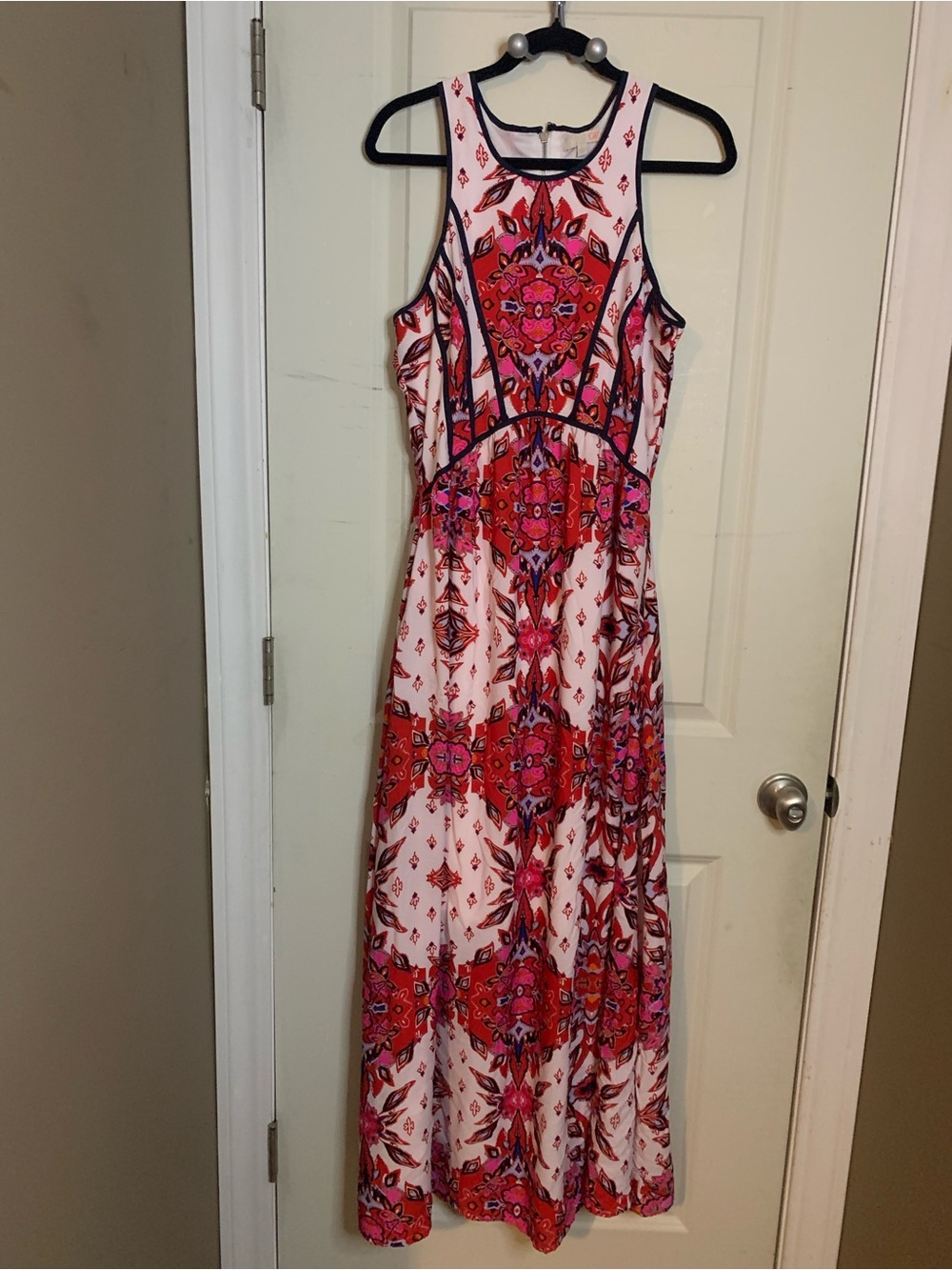 Gianni Bini Retro Pink and Red Geometric Patterned Sleeveless Maxi Dress Sz L